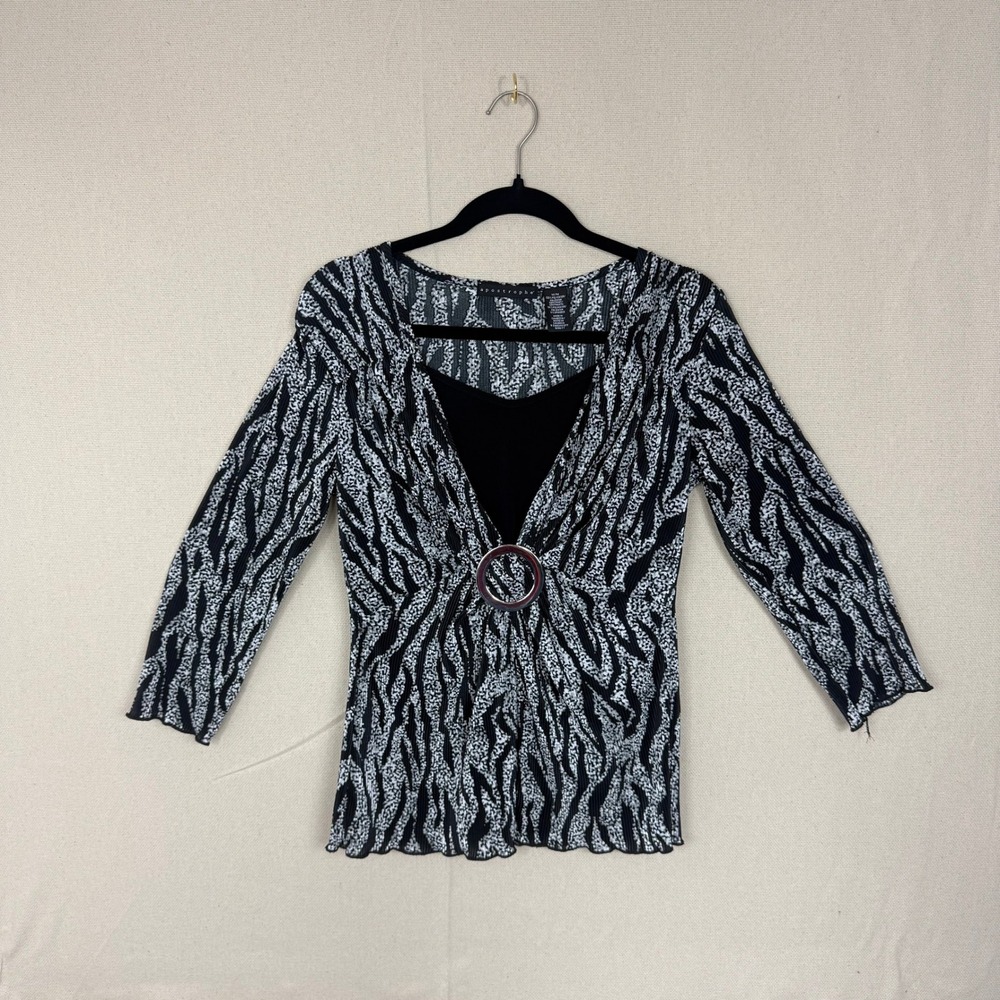 Vintage Apostrophe Black White Zebra Print Ring Accent Draped Top M